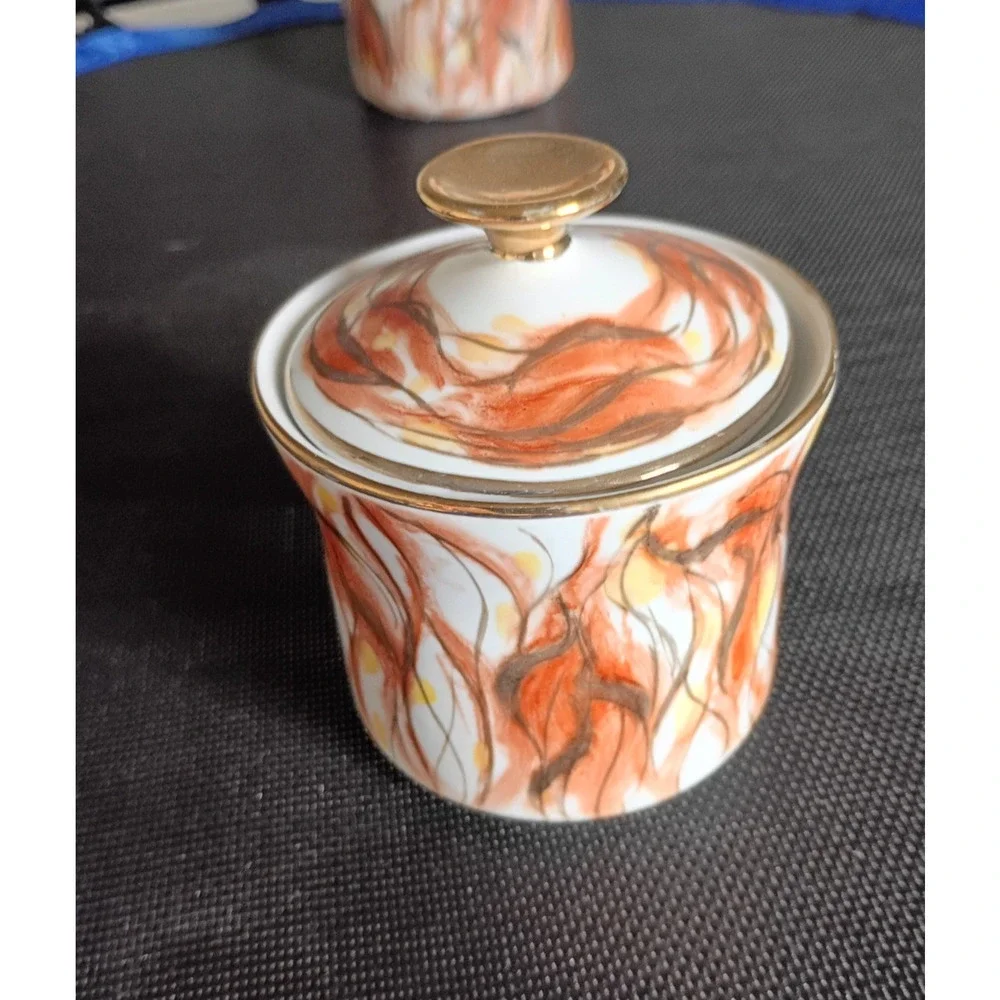 Vintage Włocławek Poland 17 Pc Porcelain Tea Coffee Set Abstract Flame Gold Trim